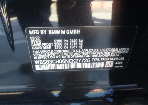 2022 BMW M5 from USA, damaged, VIN WBS83CH06NCK27725